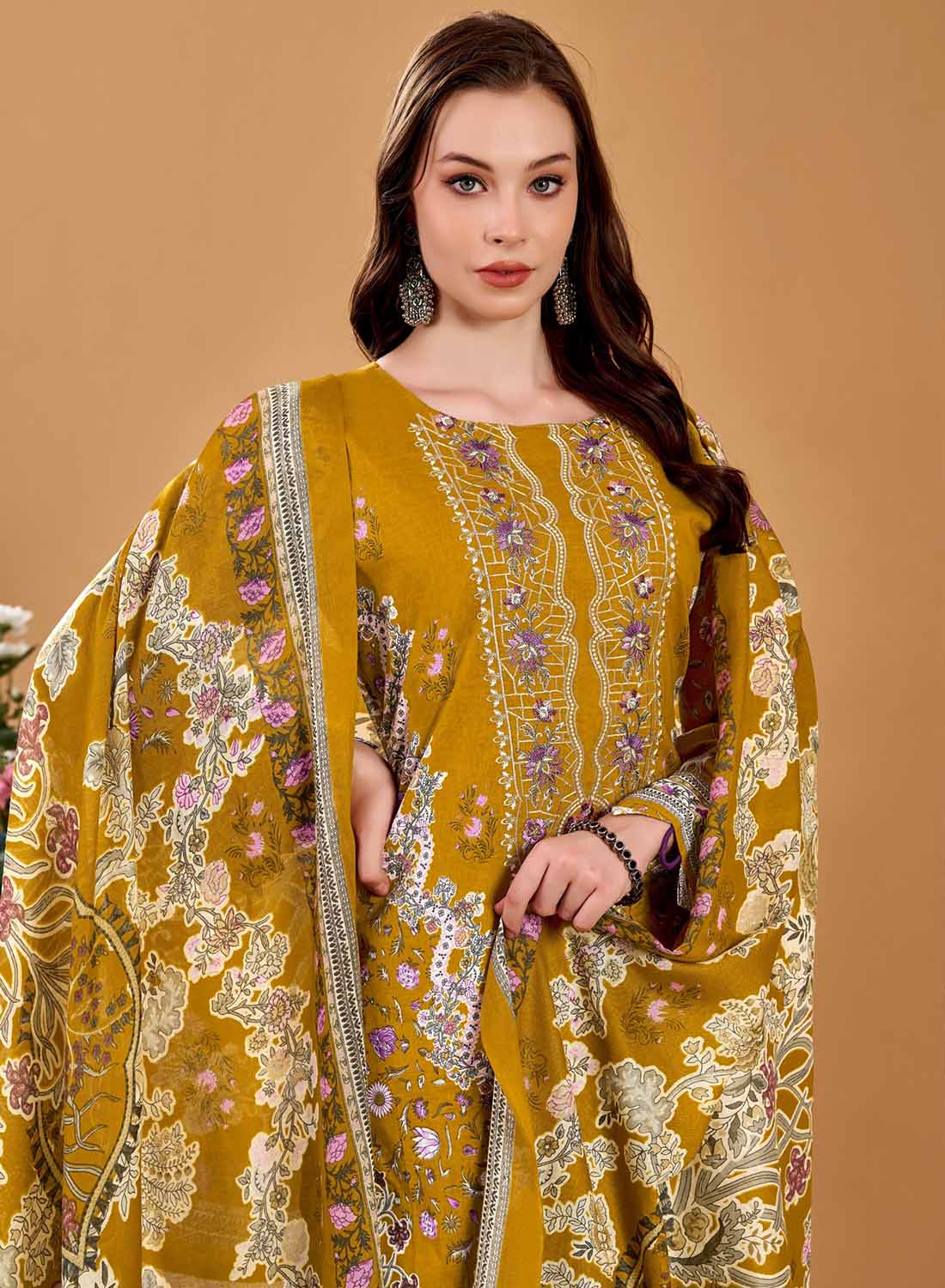 Pakistani Print Mustard Unstitched Pure Cotton Suit Material with Embroidery