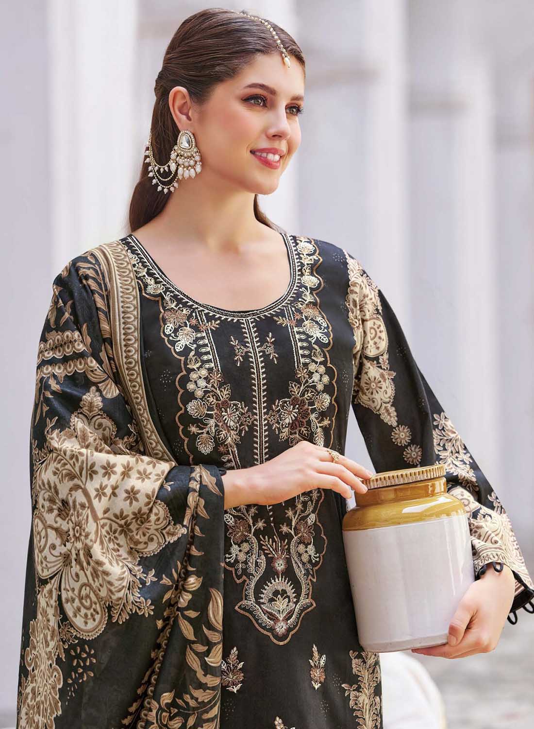 Pakistani Print Black Unstitched Pure Cotton Suit Material with Embroidery