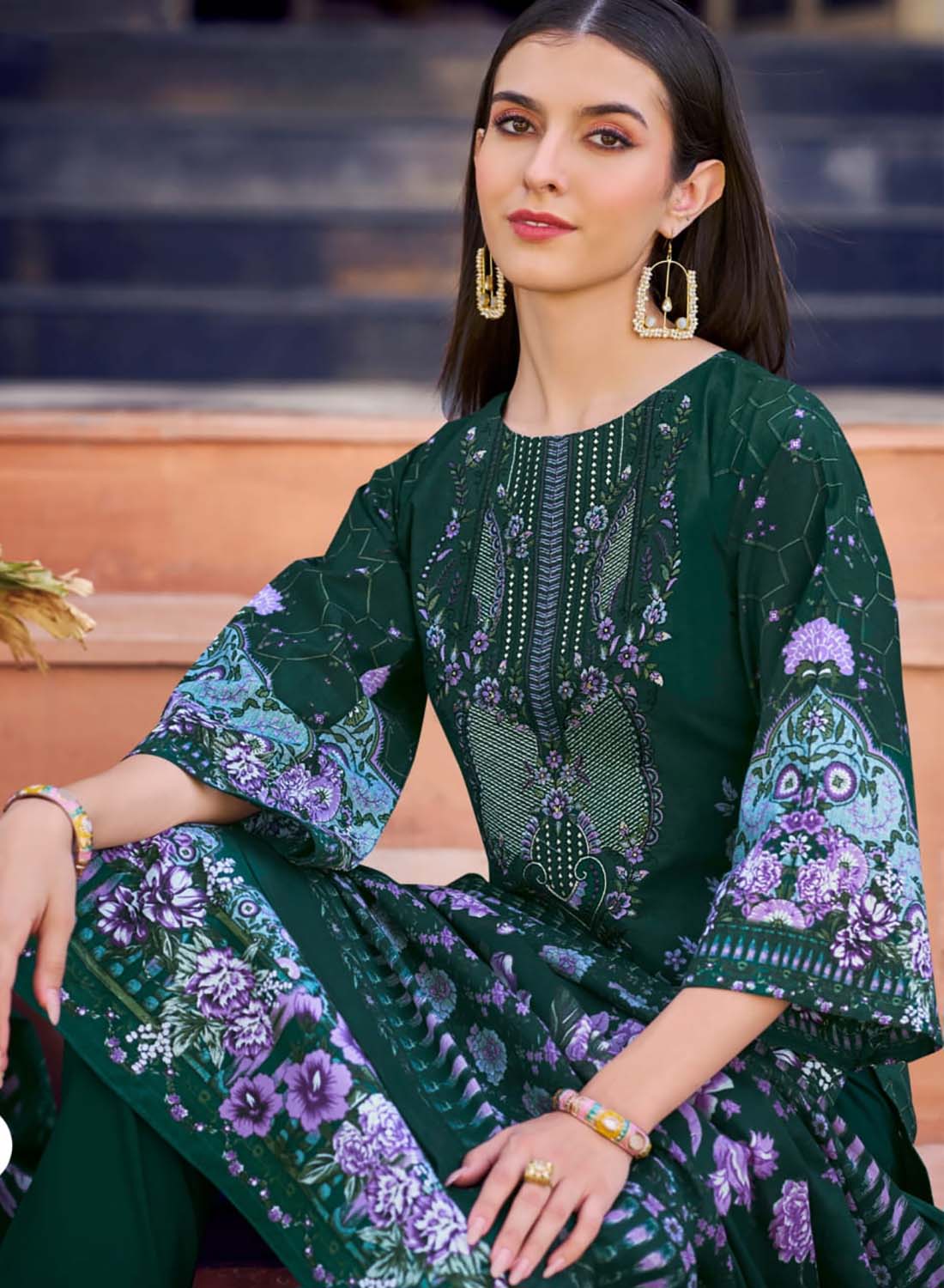 Green Pakistani Print Unstitched Pure Cotton Salwar Suit Material