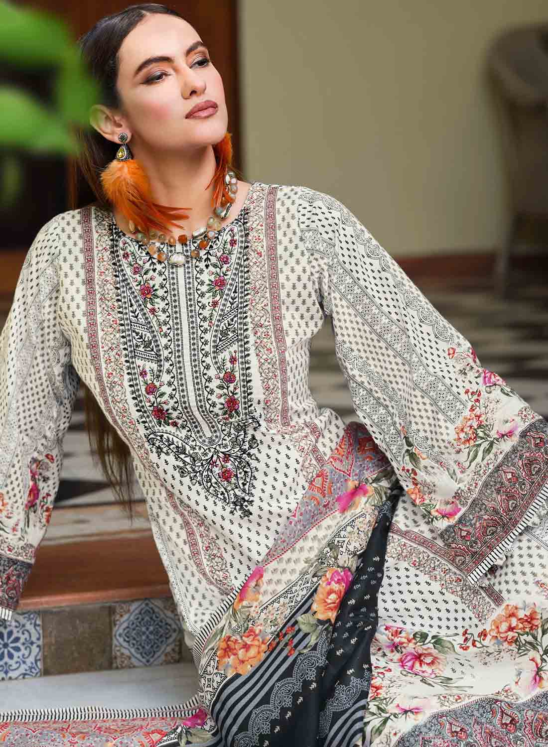 Pakistani Print White Unstitched Pure Cotton Suit Set Material with Embroidery