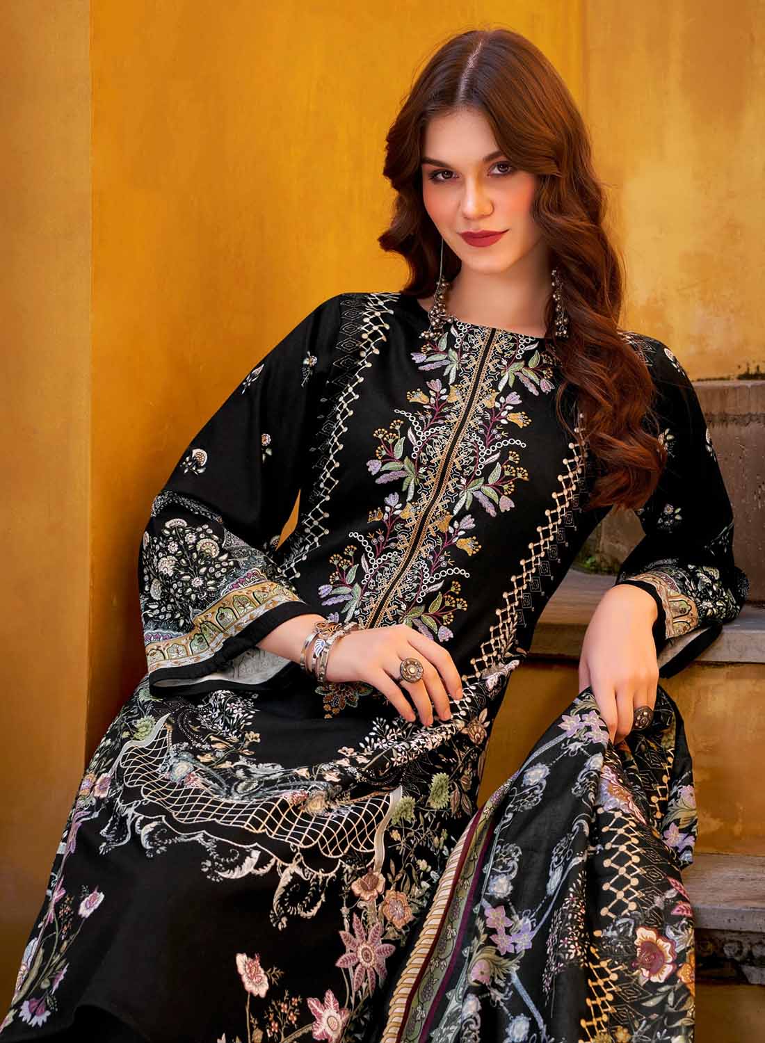 Black Pure Cotton Pakistani Print Unstitched Salwar Suit Set Material