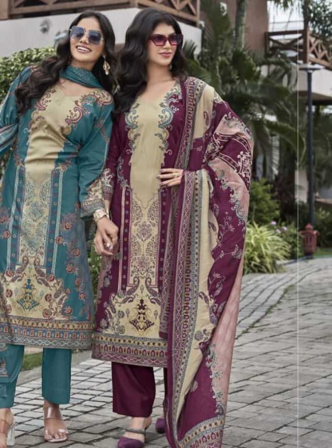 Maroon Pashmina Unstitched Winter Salwar Suit Material with Muslin Dupatta