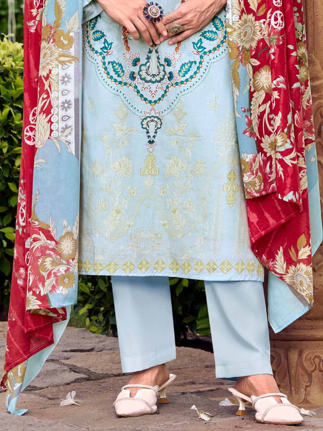 Pure Cotton Light Blue Pakistani Print Unstitched Suit Set for Women