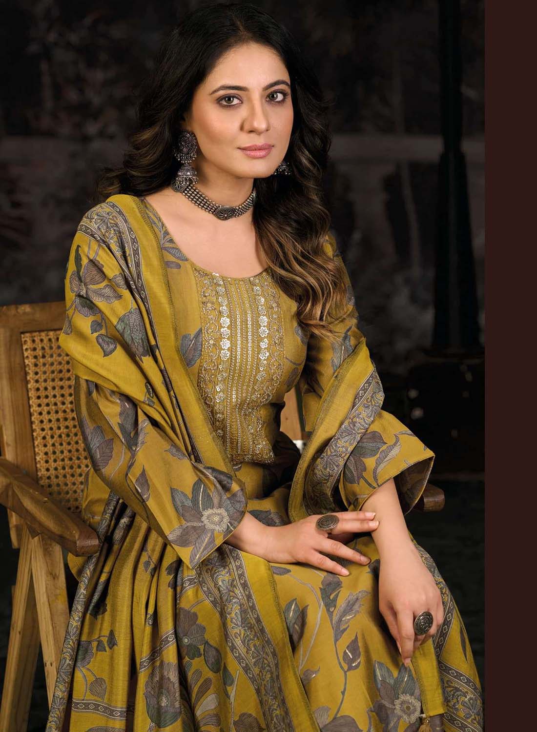 Party Wear Mustard Pure Muslin Unstitched Suit Material for Women