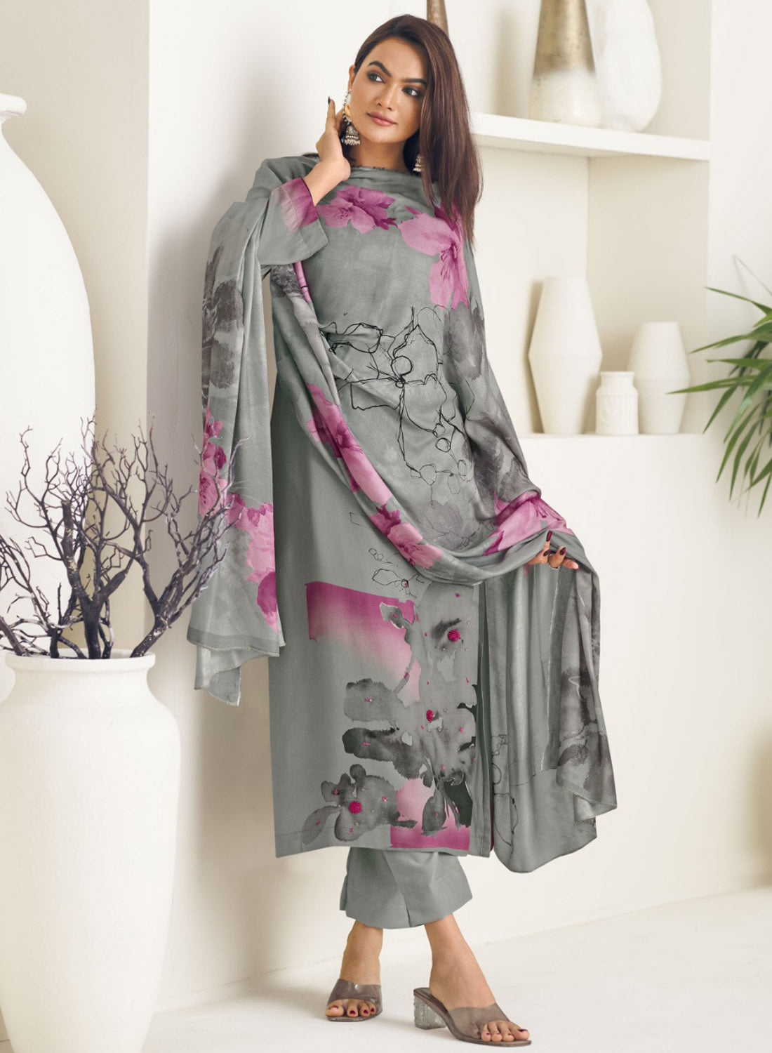 Women's Grey Unstitched Cotton Salwar Suit Dress Material