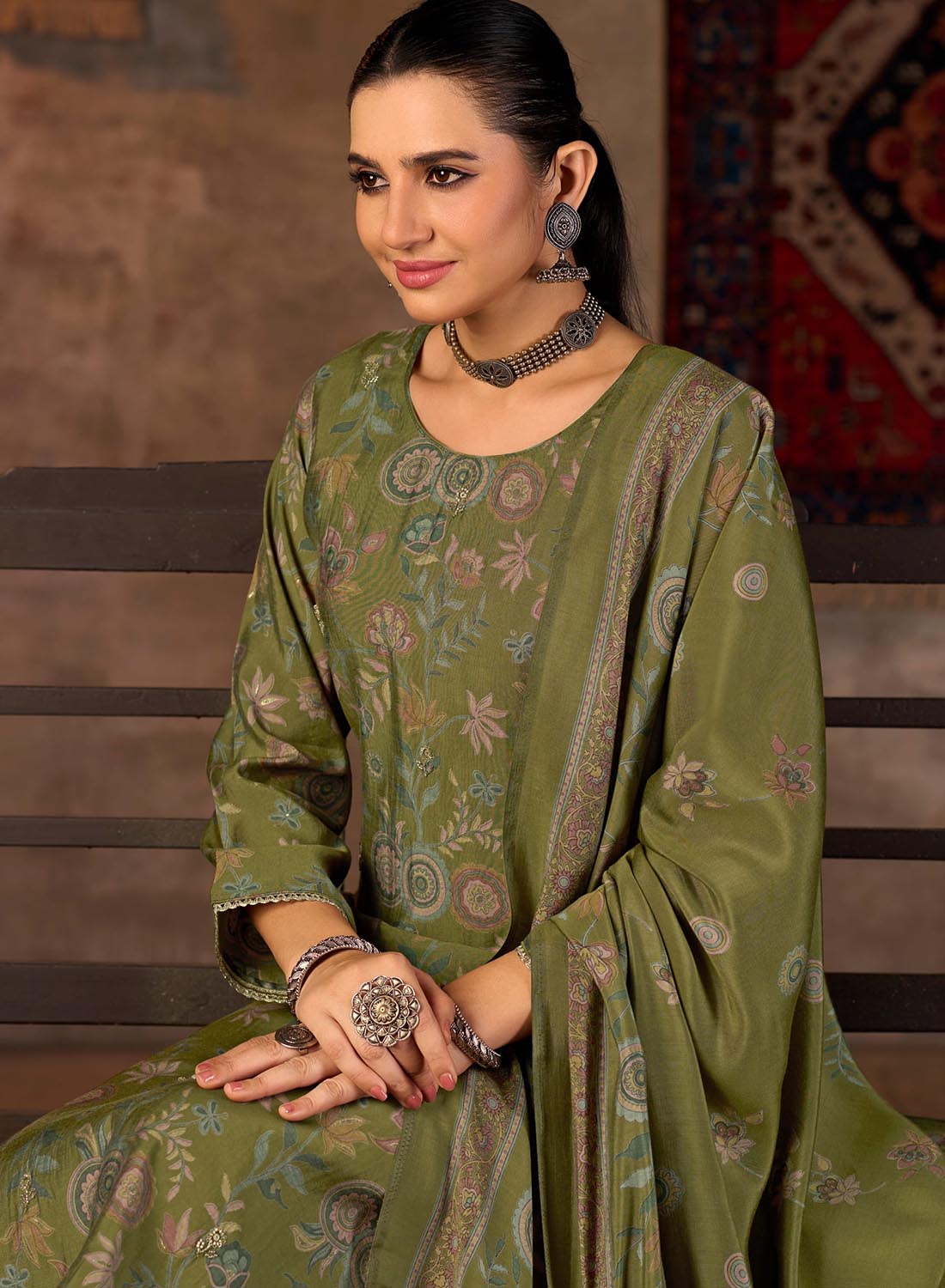 Party Wear Fancy Muslin Silk Green Unstitched Suit Material for Women