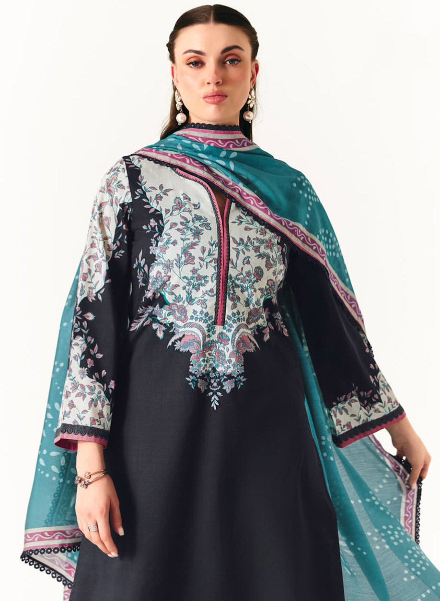 Pakistani Lawn Cotton Black Unstitched Suit Material with Muslin Dupatta