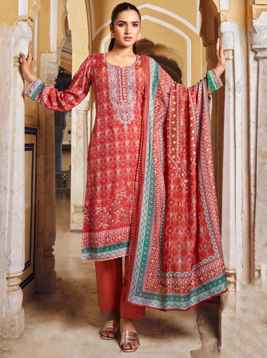 Party Wear Pure Muslin Red Unstitched Salwar Suit Dress Material