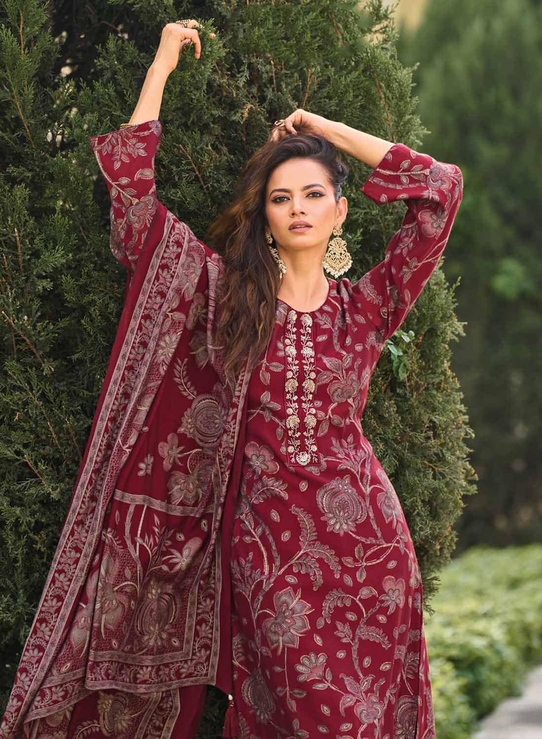 Fancy Handwork Maroon Pure Muslin Unstitched Suit Material for Women