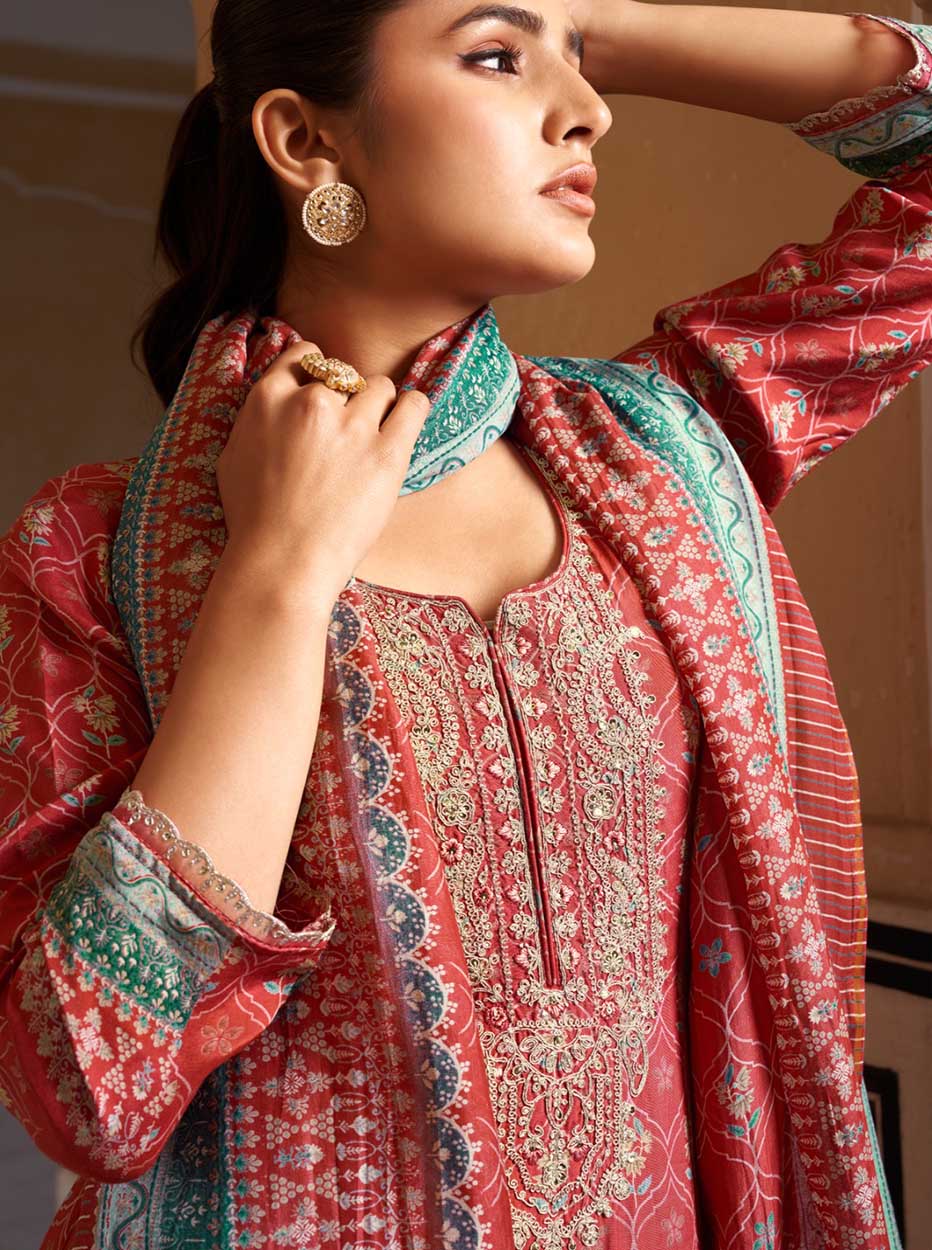 Party Wear Pure Muslin Red Unstitched Salwar Suit Dress Material