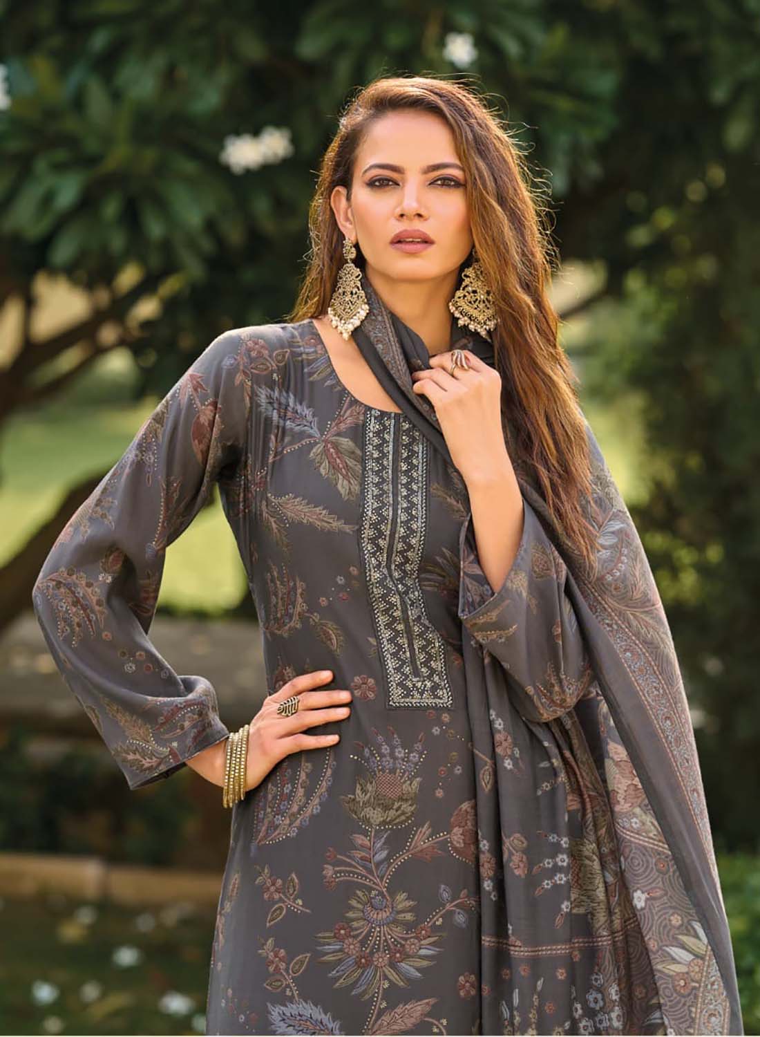 Fancy Handwork Grey Pure Muslin Unstitched Suit Material for Women