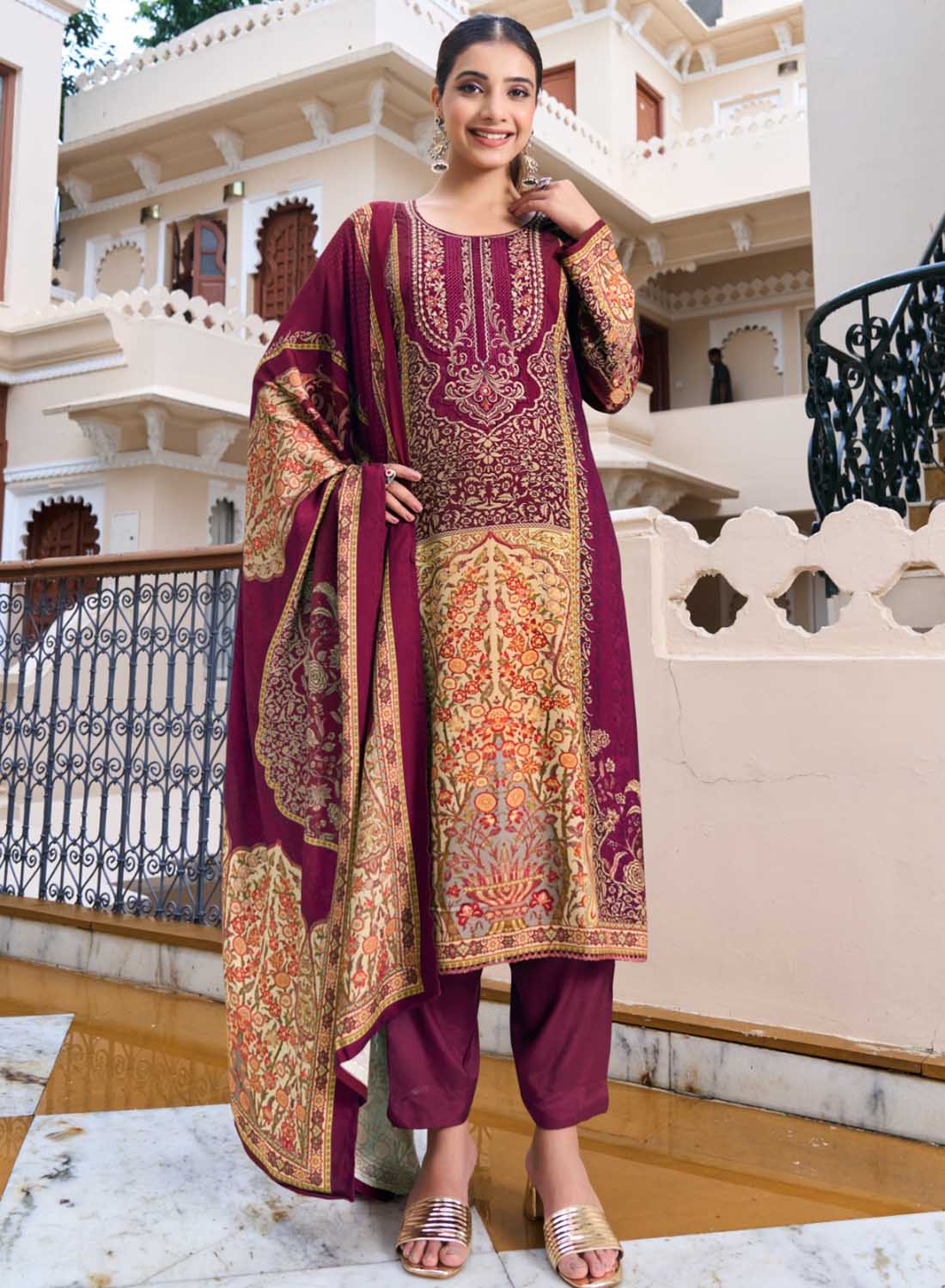 Pashmina Winter Unstitched Salwar Suit Set Fabric Material with Embroidery