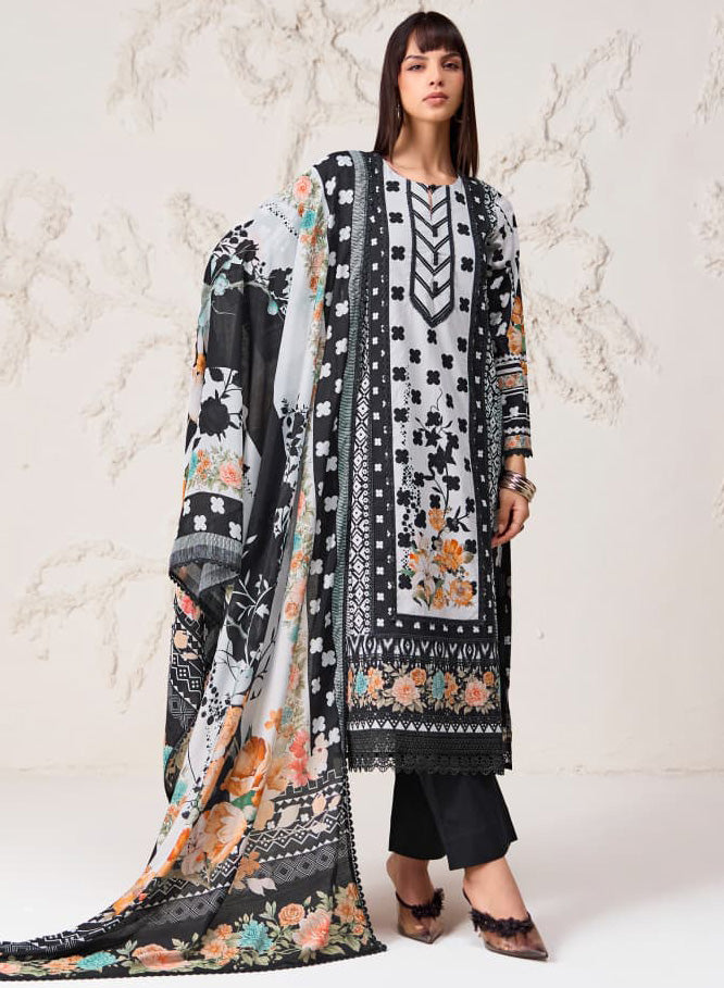 Party Wear Pure Cotton Black Unstitched Suit Material for Women