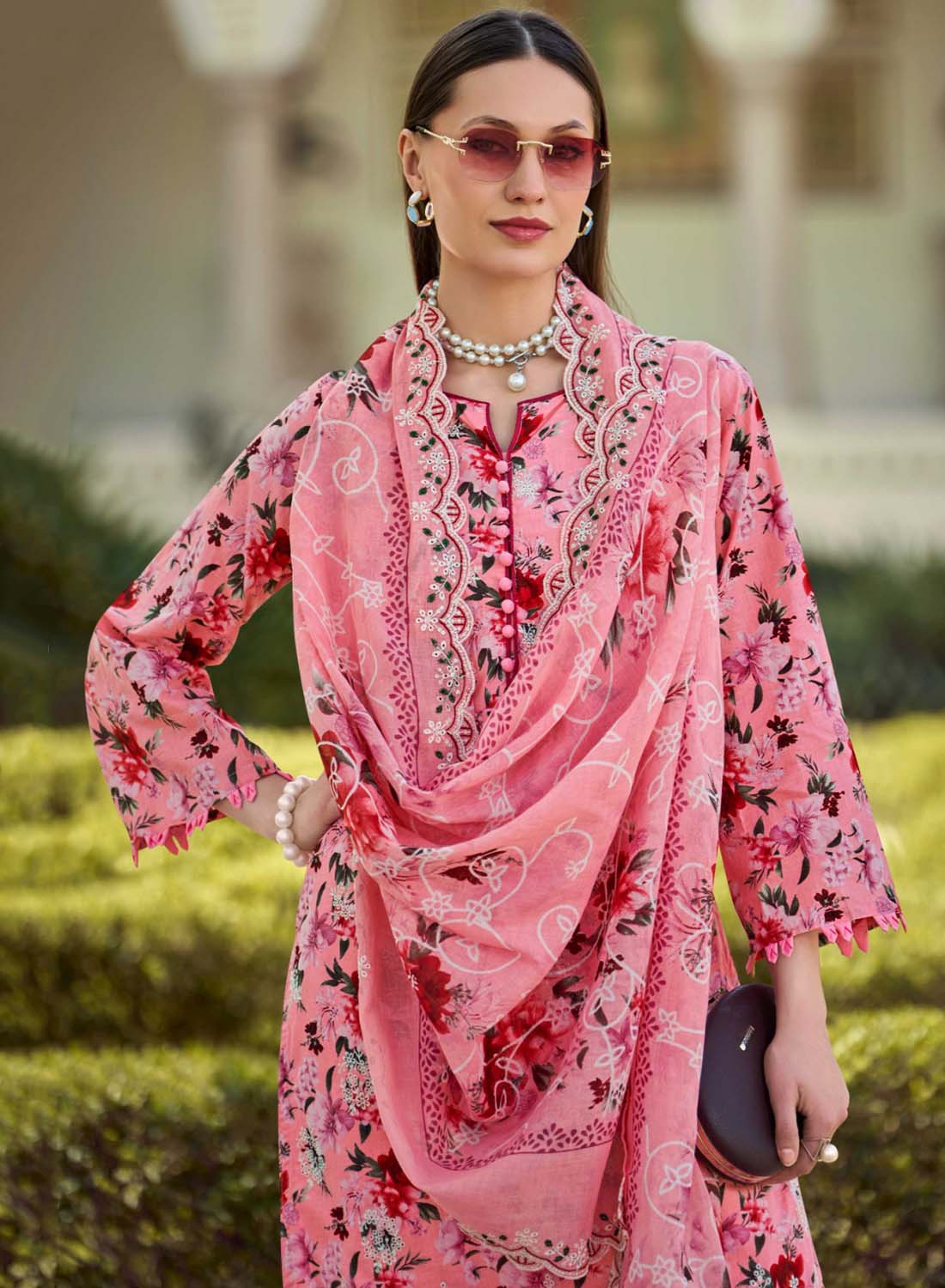 Cotton Embroidered Unstitched Pakistani Suit Material for Women Pink