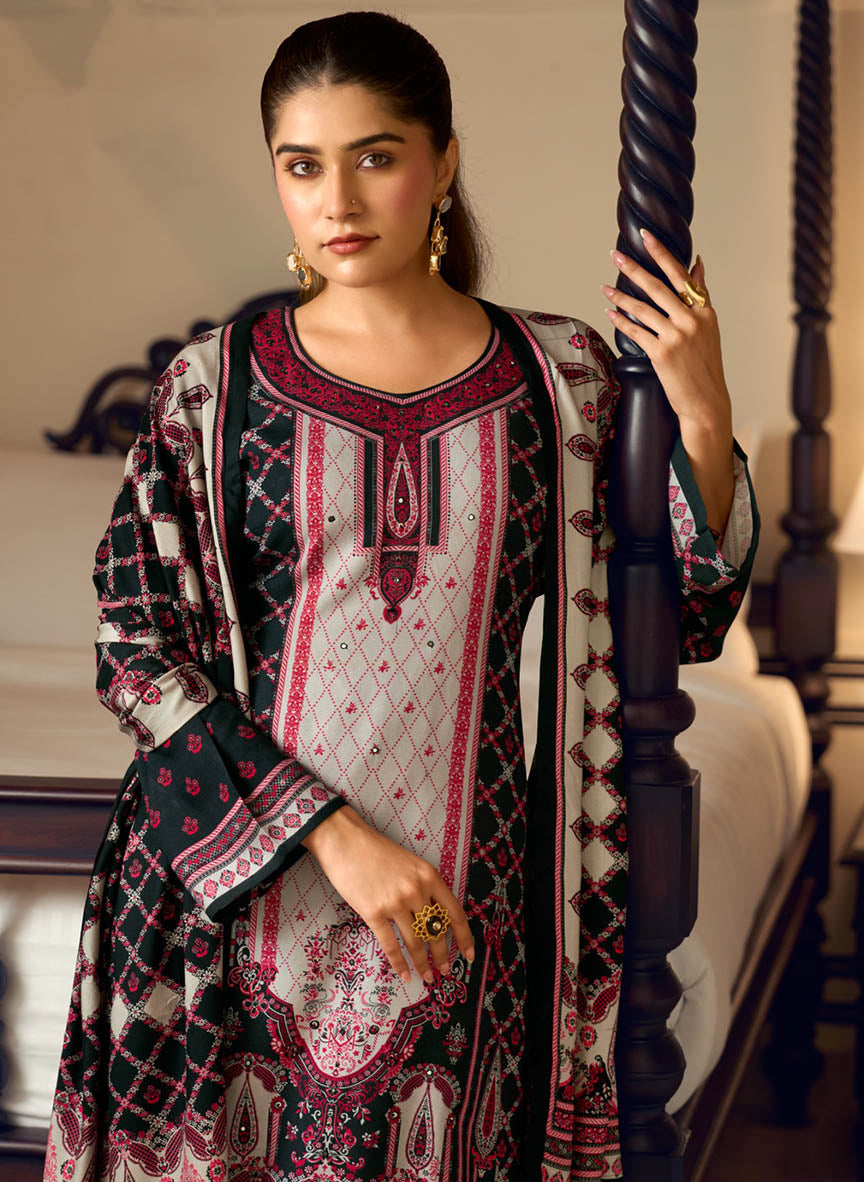 Black Viscose Pashmina Unstitched Winter Salwar Suit Material for Women