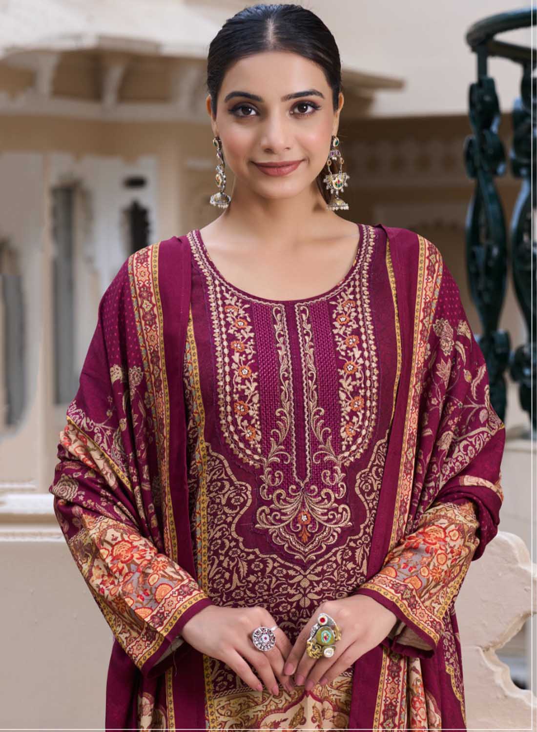Pashmina Winter Unstitched Salwar Suit Set Fabric Material with Embroidery