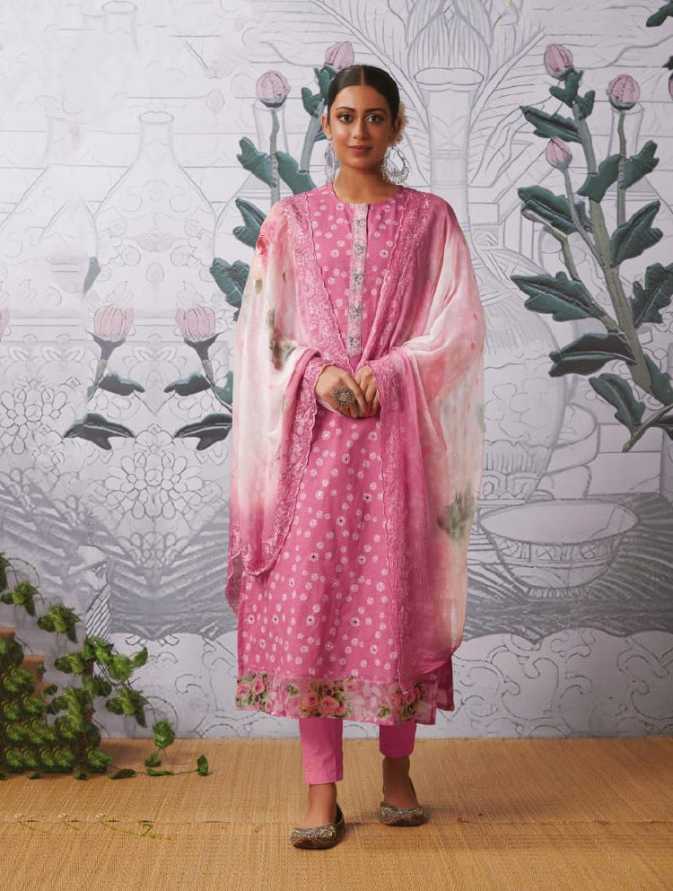 Pure Cotton Lawn Pink Unstitched Suit Material with Chiffon Dupatta