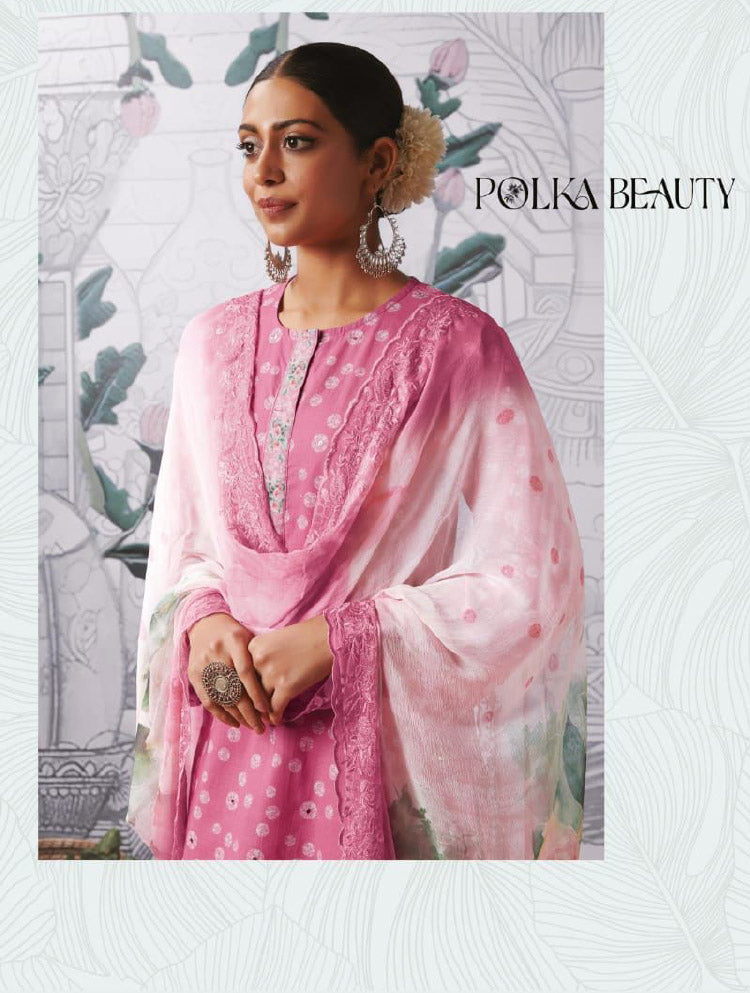 Pure Cotton Lawn Pink Unstitched Suit Material with Chiffon Dupatta