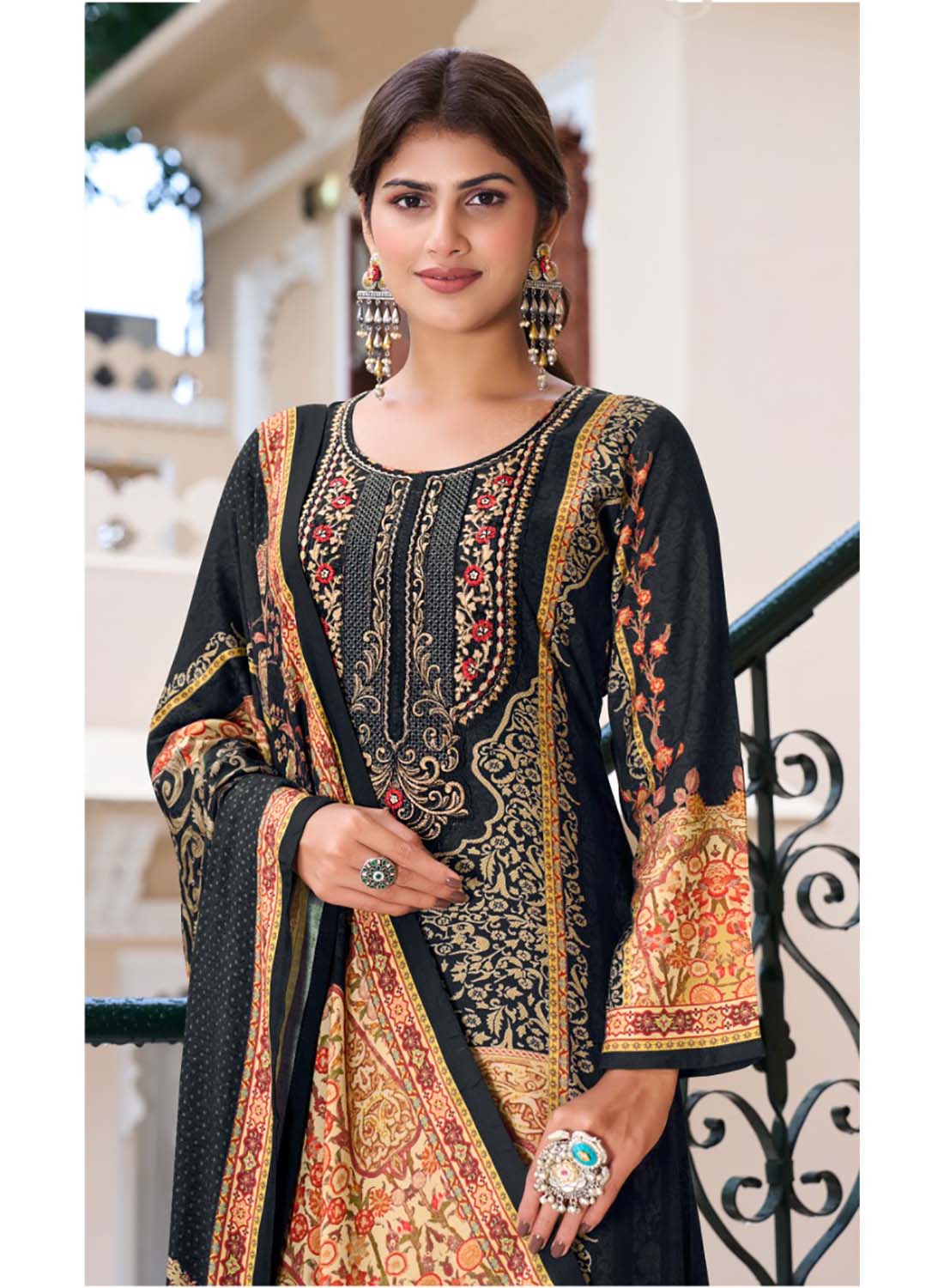 Black Pashmina Winter Unstitched Salwar Suit Set Material with Embroidery