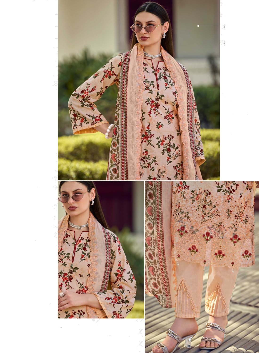 Cotton Embroidered Unstitched Pakistani Suit Material for Women Peach