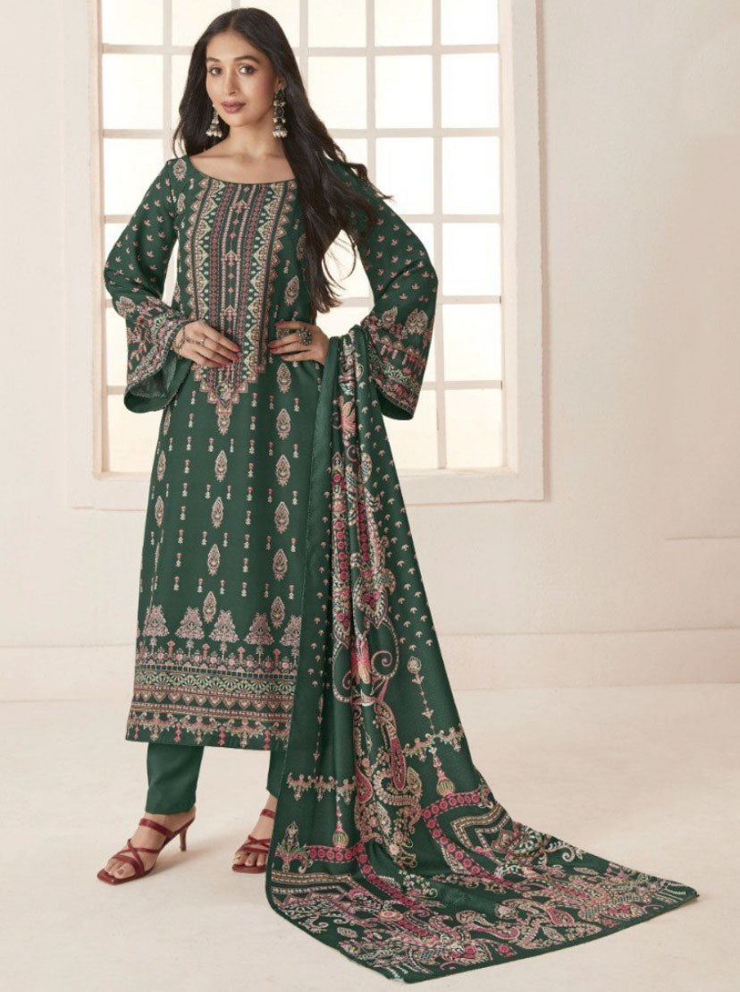 Yesfab Pakistani Print Green Unstitched Winter Spun Wool Suit Material