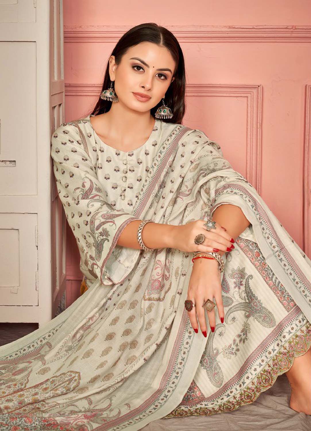 Off-White Unstitched Pashmina Winter Suit Dress Material for Women