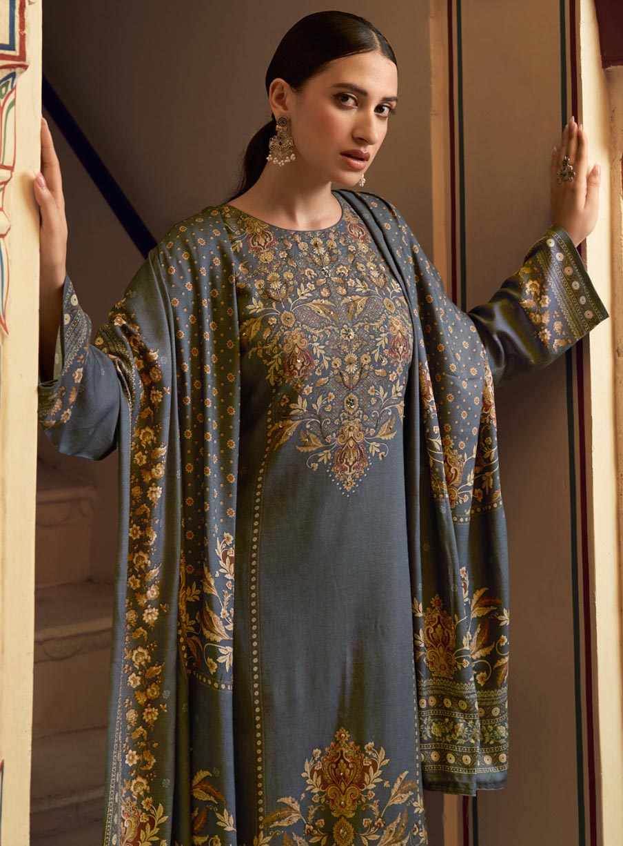 Viscose Pashmina Printed Unstitched Winter Salwar Suit Set for Women