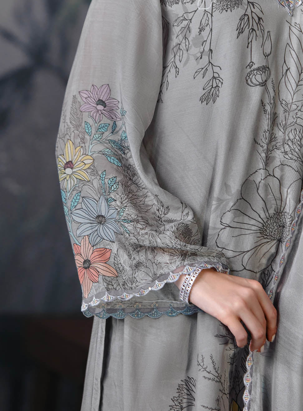 Grey Party Wear Muslin Unstitched Salwar Suit Dress Material with Embroidery