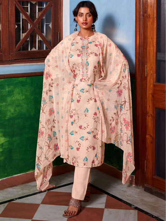 Zulfat Daily Wear Unstitched Women Cotton Suit Set Peach Zulfat