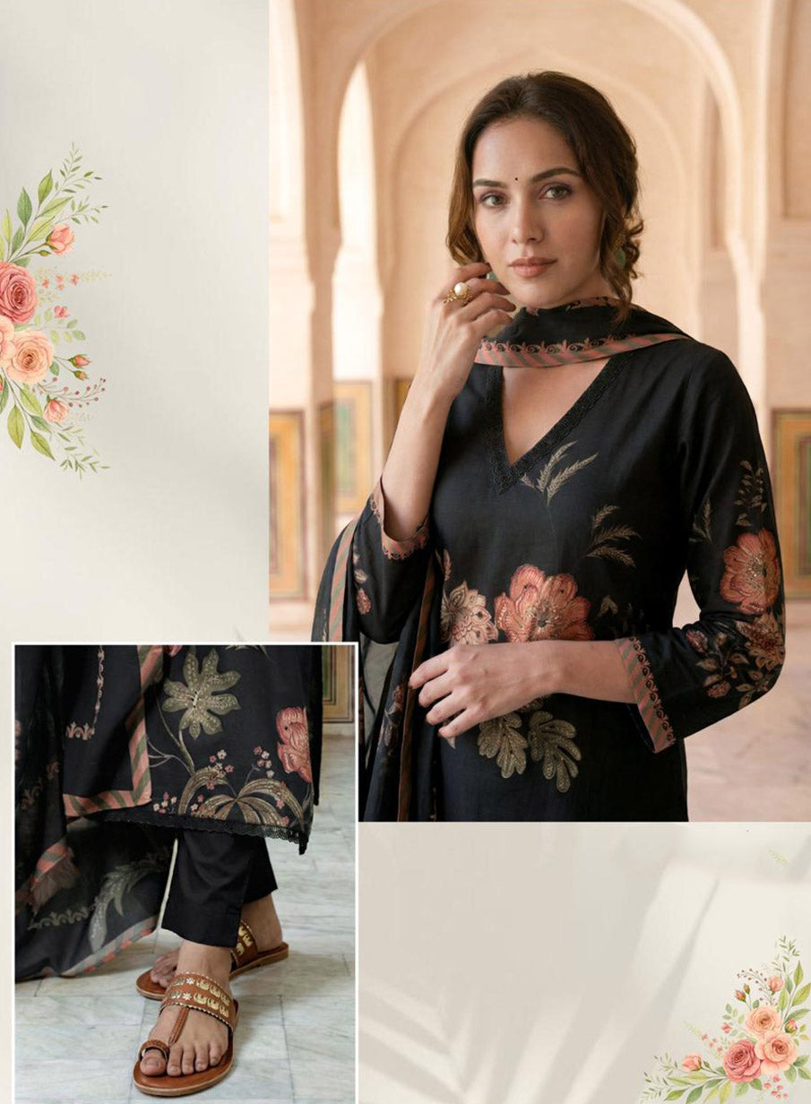 Pure Lawn Cotton Black Unstitched Salwar Suit Dress Material for Women