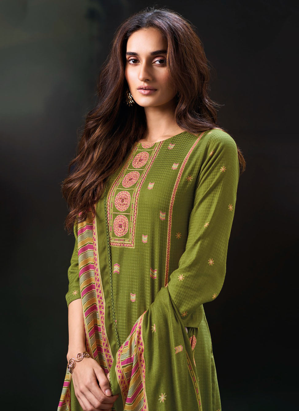 Ganga Green Unstitched Pashmina Winter Salwar Suit Dress Material