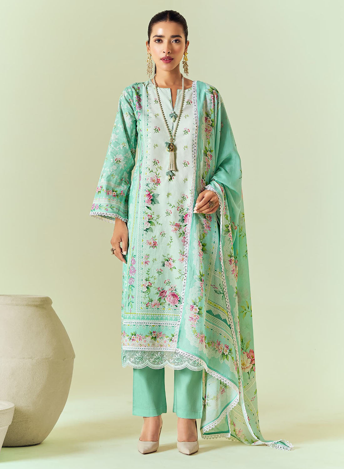 Pure Cotton Lawn Green Unstitched Salwar Suit Material with Dupatta