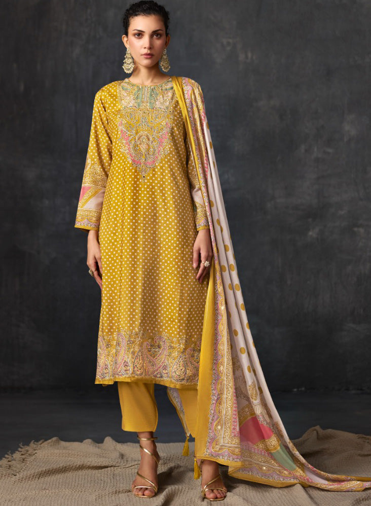 Party Wear Pure Muslin Unstitched Suit Dress Material with Chinon Dupatta