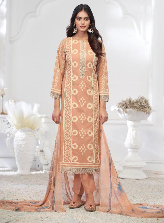 Pure Cambric Cotton Unstitched Suit Material with Chiffon Dupatta