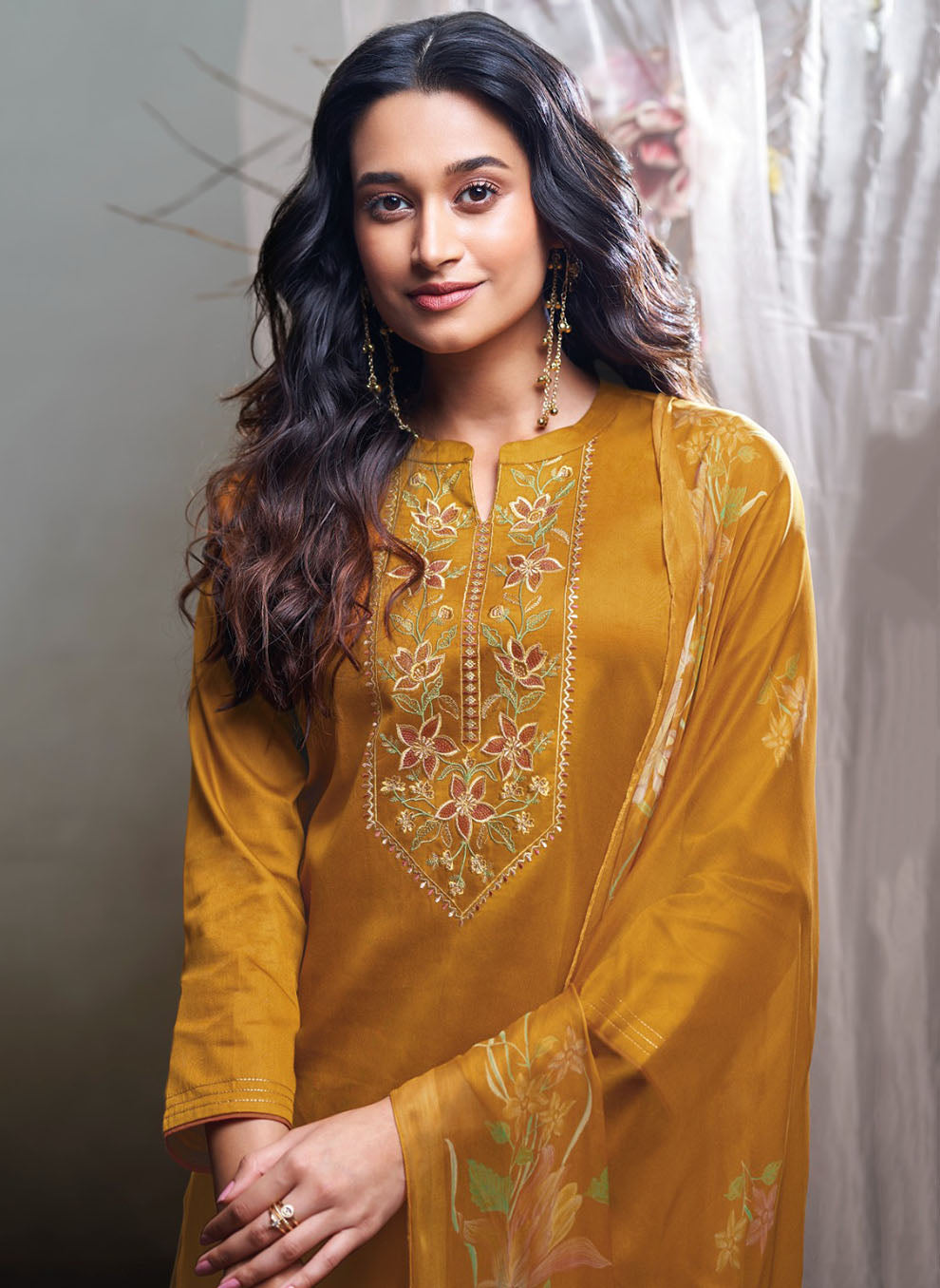 Ganga Unstitched Cotton Satin Salwar Suit Material with Chiffon Dupatta