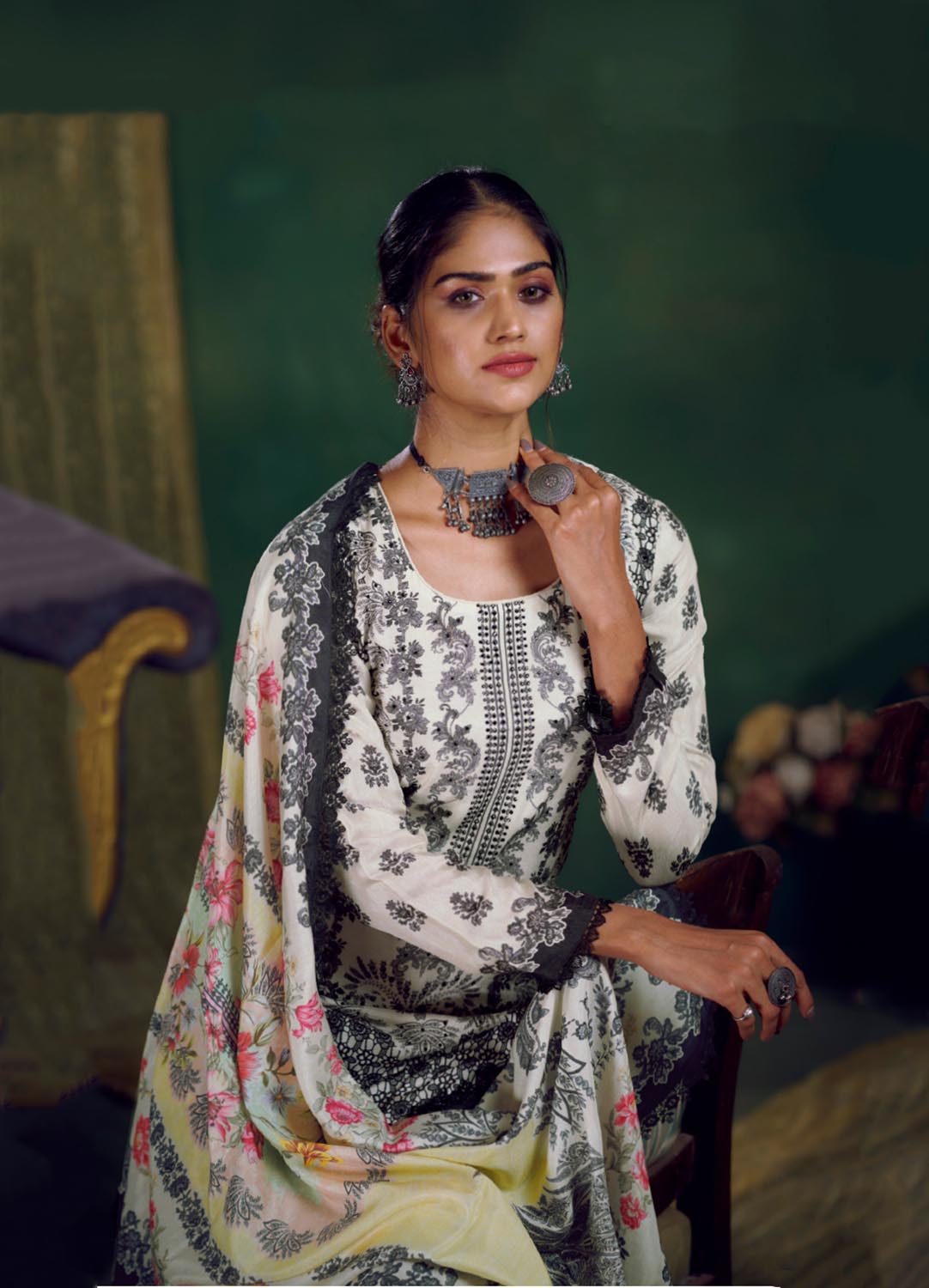 Unstitched Pakistani Print White Winter Suit Dress Material for Women
