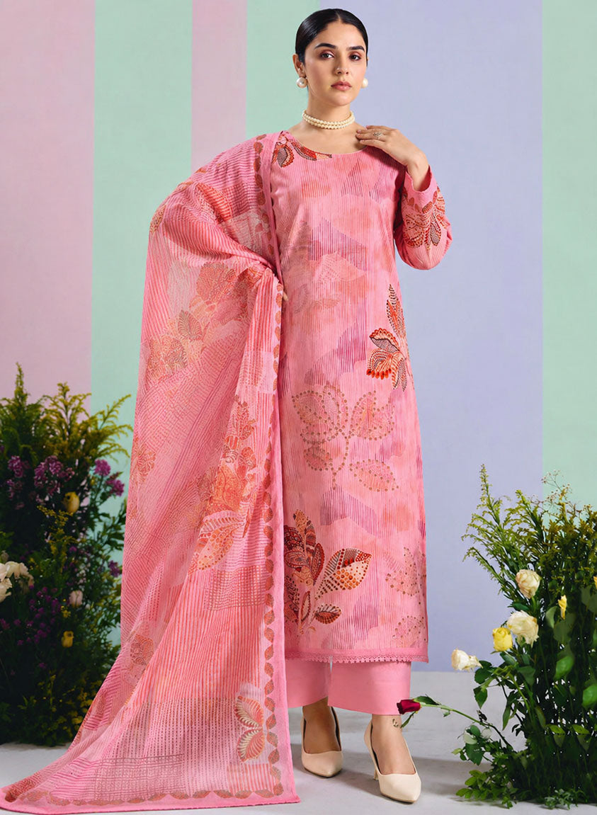Premium Pink Unstitched Cotton Suit Dress Material with Chiffon Dupatta