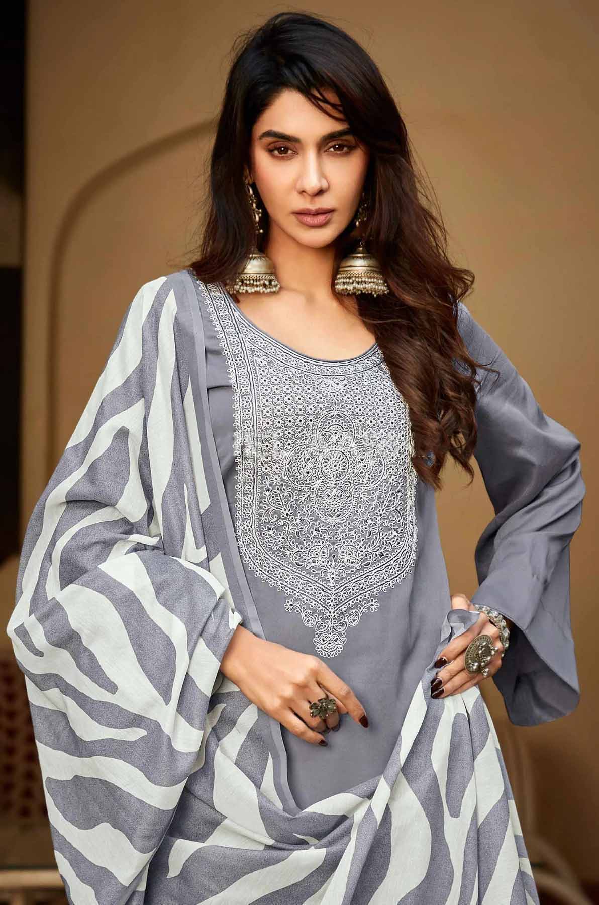 Pure Cotton Satin Grey Salwar Suit with Embroidery Unstitched