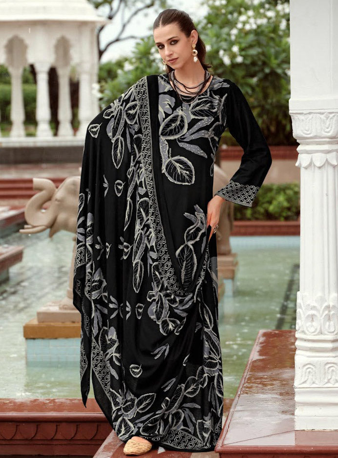 Black Viscose Pashmina Unstitched Winter Salwar Suit Set Material
