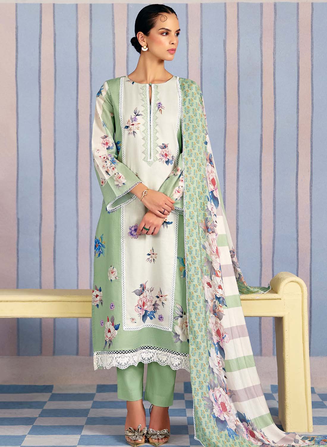 Pure Lawn Cotton Green Unstitched Salwar Suit Material with Embroidery