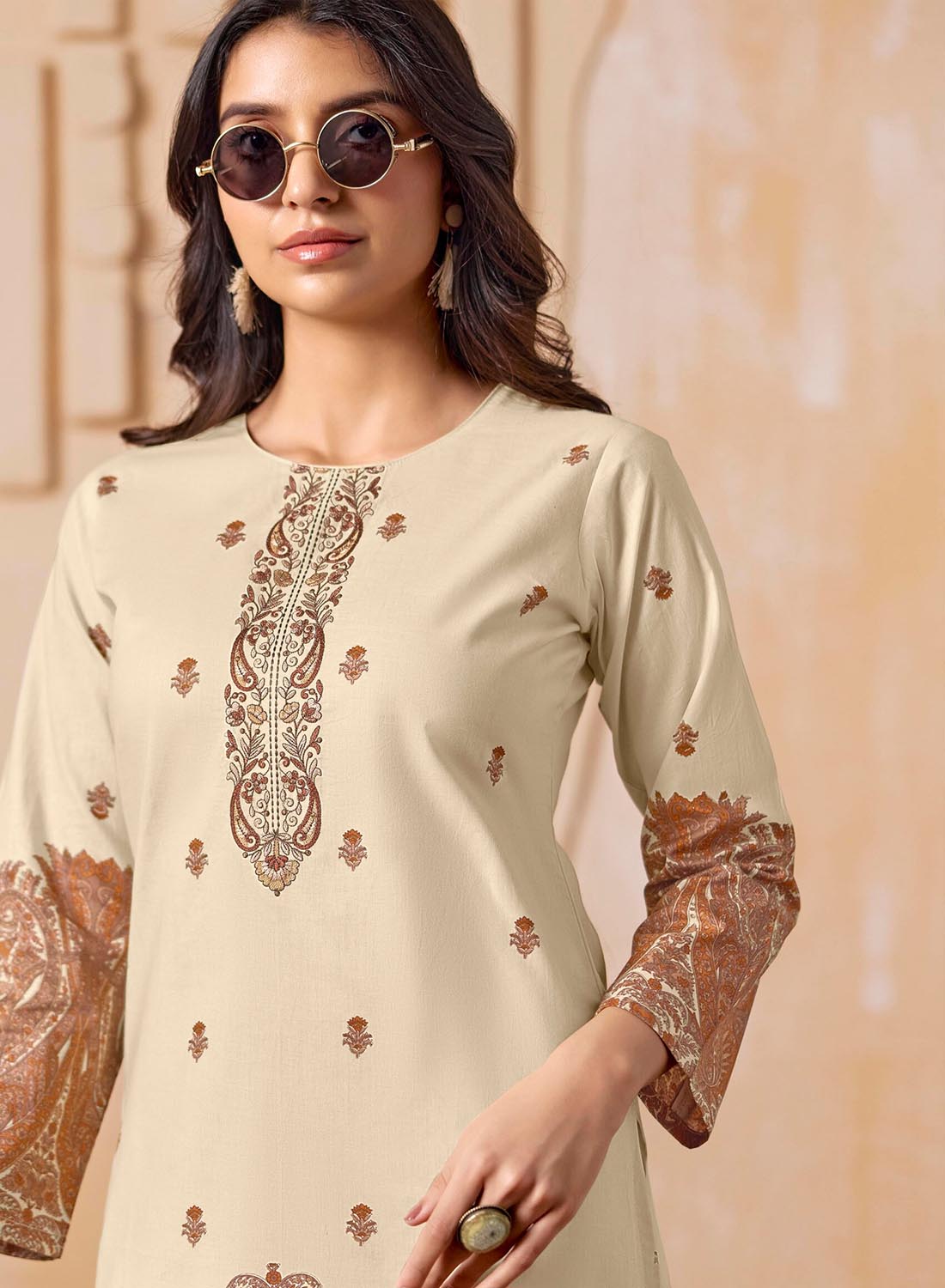 Beige Cambric Cotton Unstitched Suit Material Printed with Embroidery