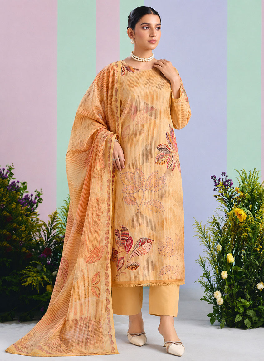 Premium Light Brown Unstitched Cotton Suit Material with Chiffon Dupatta