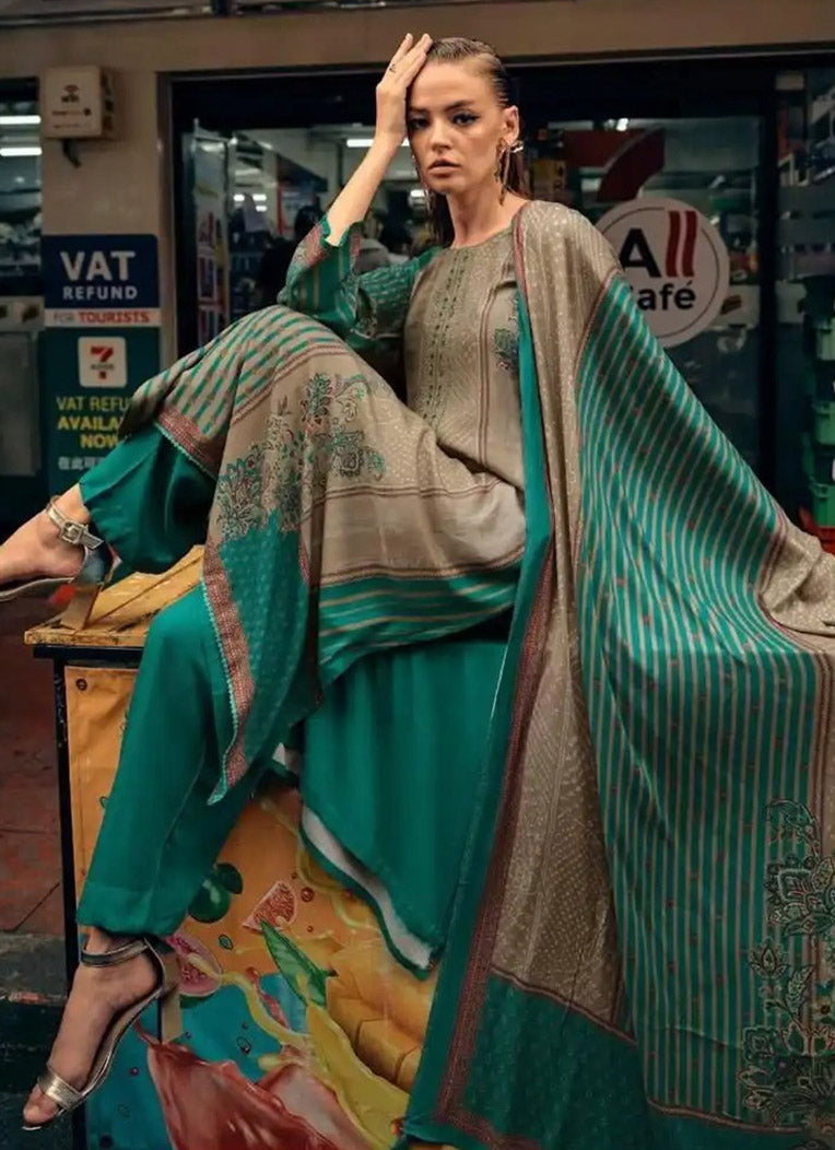 Teal Green Unstitched Pashmina Winter Salwar Suit Material for Women
