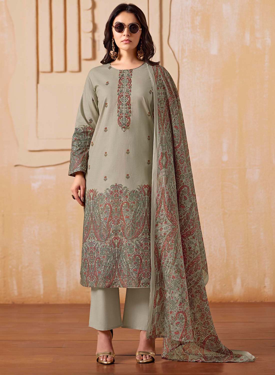 Grey Cambric Cotton Unstitched Suit Material Printed with Embroidery