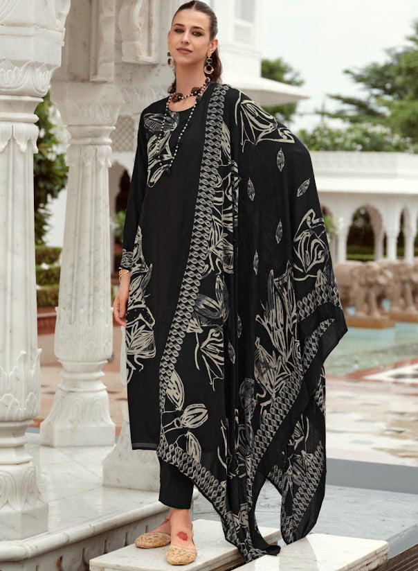 Black Viscose Pashmina Unstitched Winter Salwar Suit Set Fabric Material