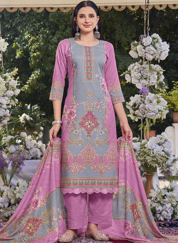 Printed Pink Cotton Unstitched Suit Dress Material with Dupatta for Women