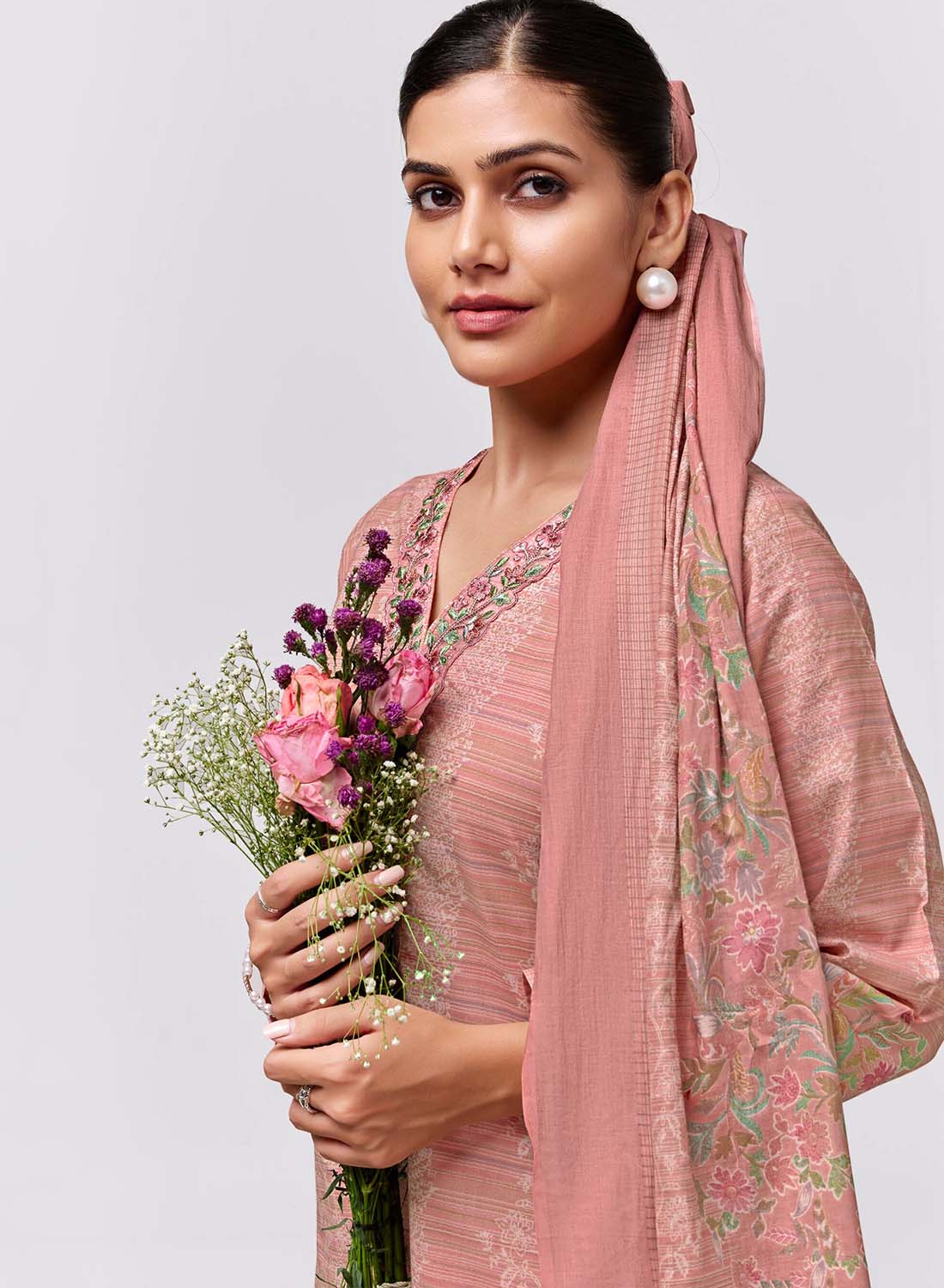 Pink Cambric Cotton Unstitched Suit Material for Women with Embroidery