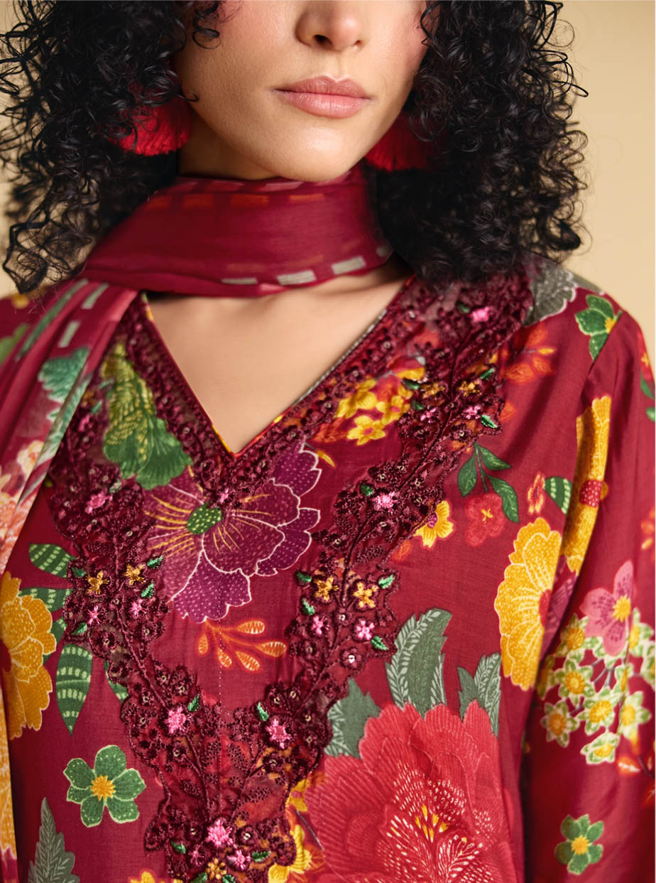 Muslin Unstitched Maroon Party Wear Suit Dress Material with Embroidery