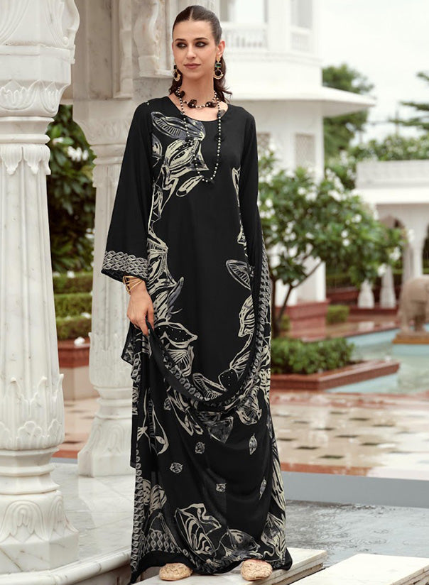 Black Viscose Pashmina Unstitched Winter Salwar Suit Set Fabric Material