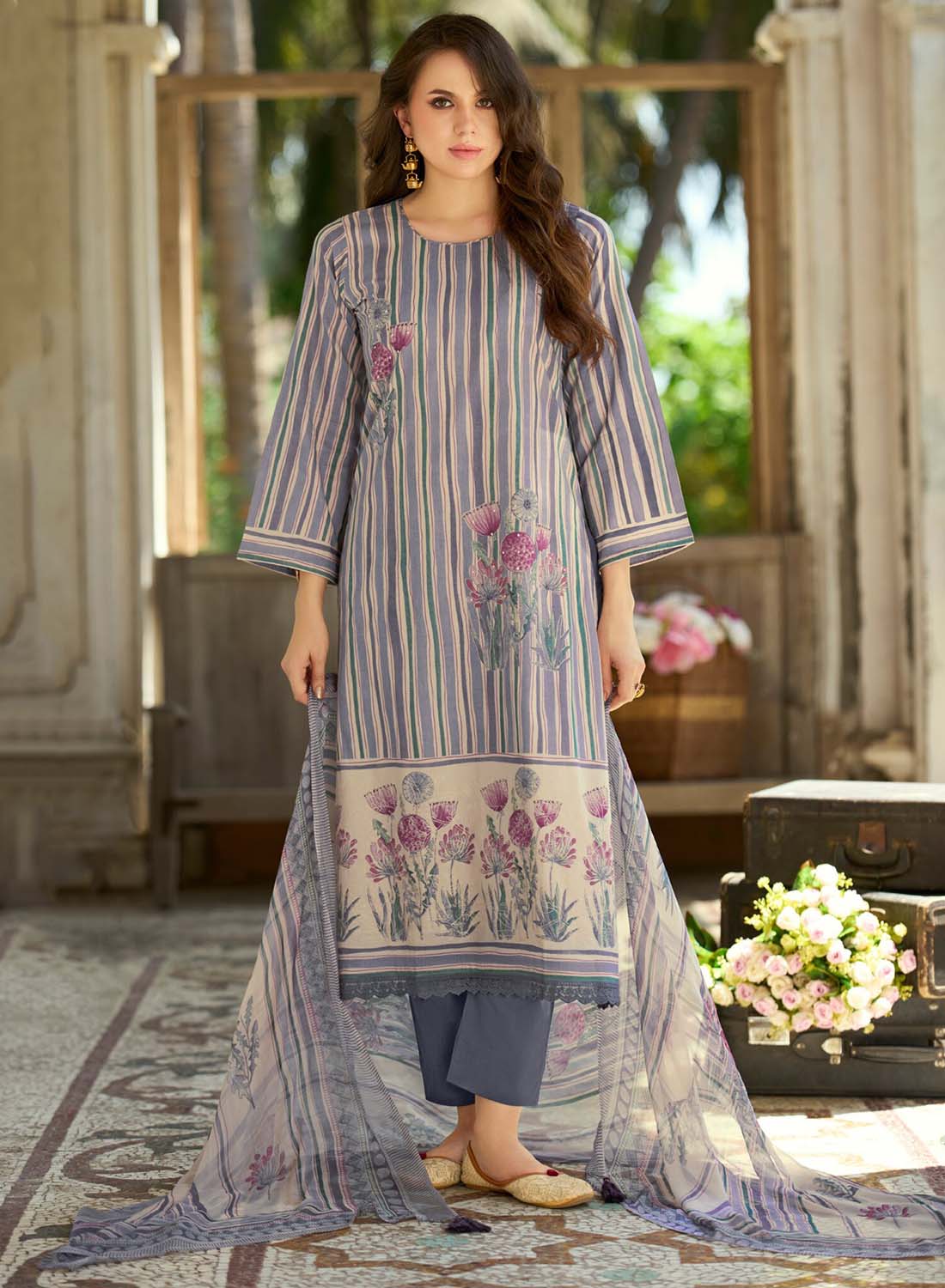 Grey Pure Cotton Daily Wear Unstitched Suit Material for Women